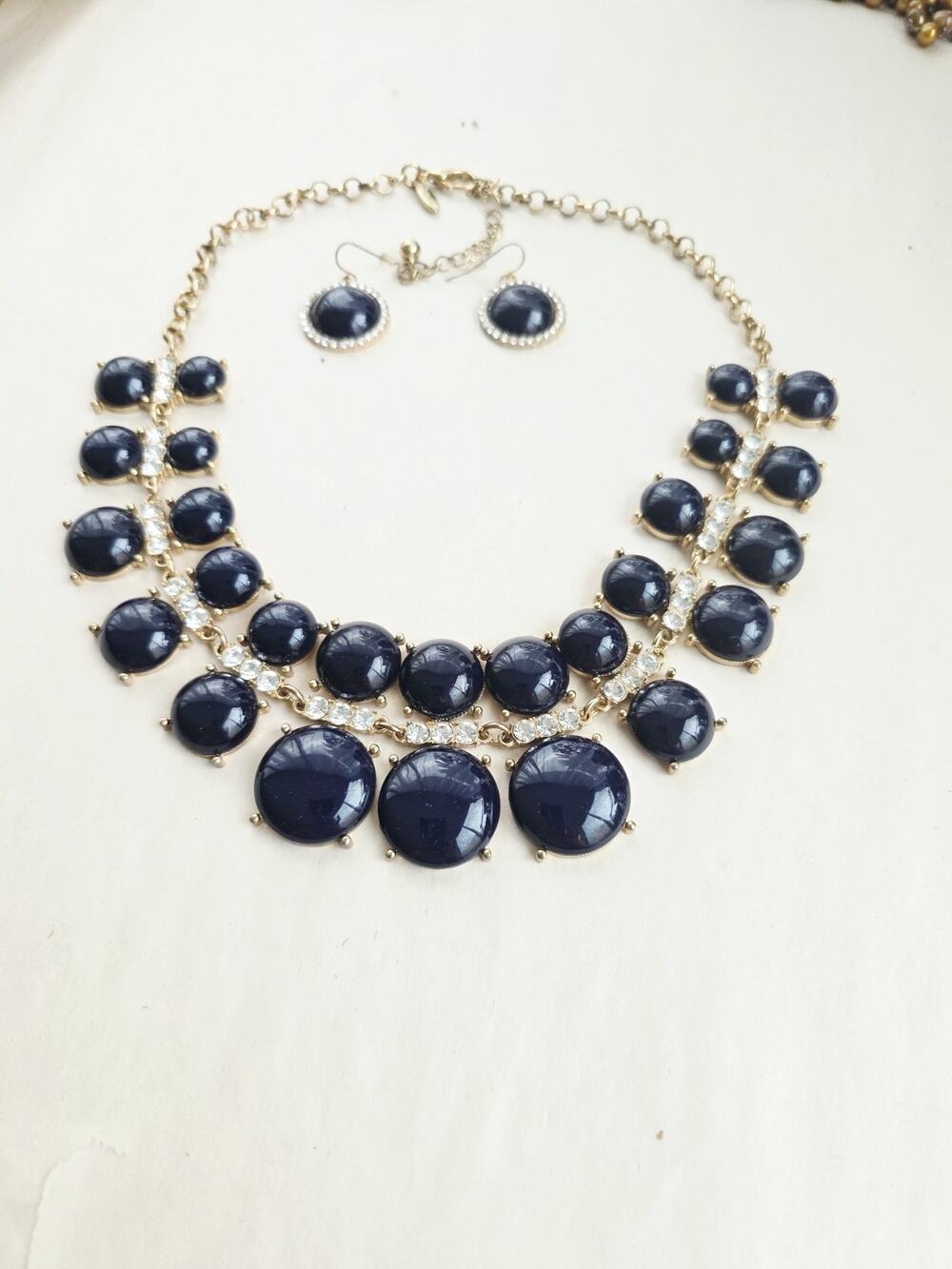 NATASHA Statement Bib Necklace Earrings Set Navy Blue Cabochons Rhinestones